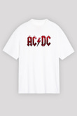 ACDC Baskılı Unisex Beyaz Oversize Tişört
