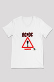 ACDC Baskılı Unisex Beyaz V Yaka Tişört