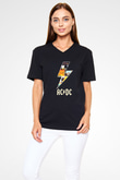 AC DC Thunderbolt Siyah Unisex V Yaka Tişört T-Shirt