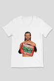 Adam Cole Baskılı Beyaz Unisex V Yaka Tişört - Tshirt