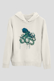 Ahtapot Baskılı Beyaz Unisex Hoodie