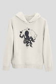 Ahtapot Baskılı Beyaz Unisex Hoodie