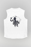 Ahtapot Baskılı Beyaz Unisex Kolsuz Tişört - Tshirt