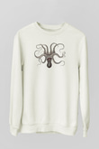 Ahtapot Baskılı Beyaz Unisex Sweatshirt
