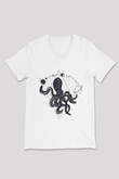 Ahtapot Baskılı Beyaz Unisex V Yaka Tişört - Tshirt