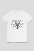Ahtapot Baskılı Beyaz Unisex V Yaka Tişört - Tshirt