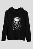 Ahtapot Baskılı Unisex Siyah Hoodie