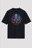 Ahtapot Baskılı Unisex Siyah Oversize Tişört - Tshirt