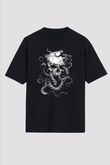 Ahtapot Baskılı Unisex Siyah Oversize Tişört - Tshirt