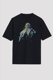 Ahtapot Baskılı Unisex Siyah Oversize Tişört - Tshirt