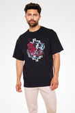 Ahtapot Baskılı Unisex Siyah Oversize Tişört - Tshirt