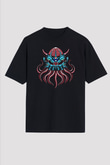 Ahtapot Baskılı Unisex Siyah Oversize Tişört - Tshirt