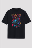 Ahtapot Baskılı Unisex Siyah Oversize Tişört - Tshirt