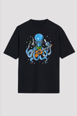 Ahtapot Baskılı Unisex Siyah Oversize Tişört - Tshirt