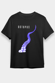 Ahtapot Baskılı Unisex Siyah Tişört - Tshirt