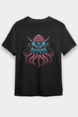 Ahtapot Baskılı Unisex Siyah Tişört - Tshirt