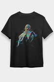 Ahtapot Baskılı Unisex Siyah Tişört - Tshirt