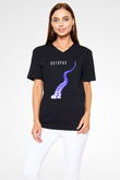 Ahtapot Baskılı Unisex Siyah V Yaka Tişört - Tshirt