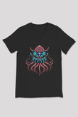 Ahtapot Baskılı Unisex Siyah V Yaka Tişört - Tshirt