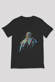 Ahtapot Baskılı Unisex Siyah V Yaka Tişört - Tshirt