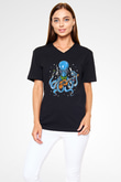 Ahtapot Baskılı Unisex Siyah V Yaka Tişört - Tshirt