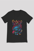 Ahtapot Baskılı Unisex Siyah V Yaka Tişört - Tshirt