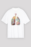 Akciğerler Renkli Baskılı Unisex Oversize Beyaz Tişört - Tshirt