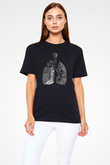 Akciğerler Renkli Baskılı Unisex Siyah Tişört - Tshirt