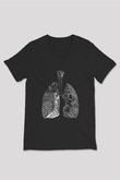 Akciğerler Renkli Baskılı Unisex V Yaka Siyah Tİşört - Tshirt