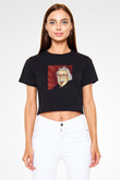 Albert Einstein Baskılı Siyah Kadın Crop Top Tişört