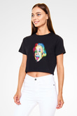 Albert Einstein Baskılı Siyah Kadın Crop Top Tişört