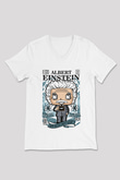 Albert Einstein Baskılı Unisex Beyaz V Yaka Tişört
