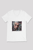 Albert Einstein Baskılı V Yaka Unisex Beyaz Tişört