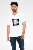 Albert Einstein Baskılı V Yaka Unisex Beyaz Tişört