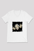 Albert Einstein Baskılı V Yaka Unisex Beyaz Tişört