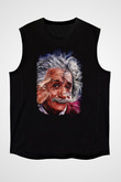 Albert Einstein Çizim Baskılı Unisex Kolsuz Siyah Tişört - Tshirt