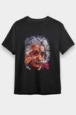 Albert Einstein Çizim Baskılı Unisex Siyah Tişört - Tshirt