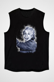 Albert Einstein Dil Çıkaran Portre Baskılı Unisex Kolsuz Siyah Tişört - Tshirt