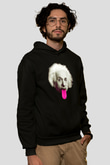 Albert Einstein Pembe Dil Baskılı Unisex Siyah Hoodie