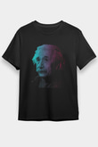 Albert Einstein Renkli Portre Baskılı Unisex Siyah Tişört - Tshirt