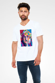 Albert Einstein Renkli Portre Baskılı Unisex V Yaka Beyaz Tişört - Tshirt