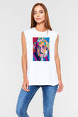 Albert Einstein Renkli Portre Baskılı Unisex Kolsuz Beyaz Tişört - Tshirt