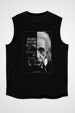 Albert Einstein Yarı Portre Baskılı Unisex Kolsuz Siyah Tişört - Tshirt