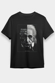 Albert Einstein Yarı Portre Baskılı Unisex Siyah Tişört - Tshirt