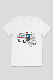 Ambulans şoförü Beyaz Unisex V Yaka Tişört T-Shirt