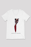 American Psycho Baskılı Beyaz Unisex V Yaka Tişört - Tshirt