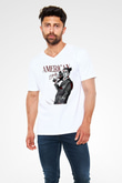 American Psycho Baskılı Beyaz Unisex V Yaka Tişört - Tshirt
