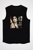 Amy Winehouse Baskılı Unisex Siyah Kolsuz Tişört