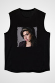 Amy Winehouse Baskılı Unisex Siyah Kolsuz Tişört