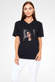 Amy Winehouse Baskılı Unisex Siyah V Yaka Tişört